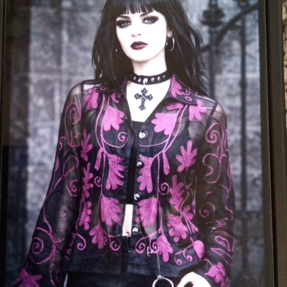 Sage Black Jacket with Fuchsia Floral Appliqué Goth Emo Sheer Art To Wear Sz S